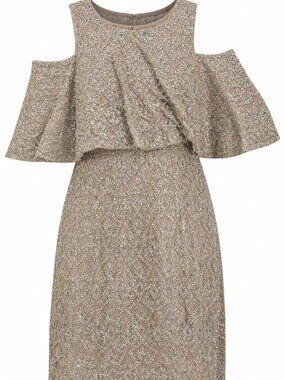 Aidan Mattox Sequin Nude Beige Tan Evening Cocktail Dress Cold Shoulder EUC 8